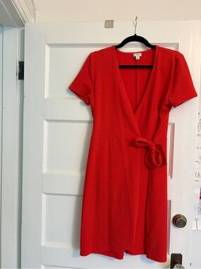 J. Crew Red Short-Sleeve Wrap Dress with Side Knot